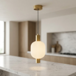 Modern Fluted Ribbed Opal Glass Pendant Light with Brass Cylinder Mount - Image 2