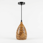 Natural Wood Grain Finish Teardrop Pendant Light with Laser-Cut Swirl Motifs