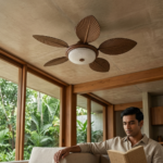 Tropical Palm Leaf Ceiling Fan with Integrated Central LED Light Dome - Image 2