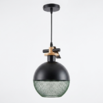 Nordic Matte Black Dome & Wire Mesh Pendant Light with Natural Wood Accent