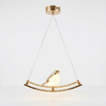Modern Gold Origami Bird LED Pendant Light on Arched Rocker Perch
