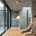 Modern Gold Origami Bird LED Pendant Light on Arched Rocker Perch - Image 2