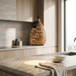 Natural Wood Grain Finish Teardrop Pendant Light with Laser-Cut Swirl Motifs - Image 2