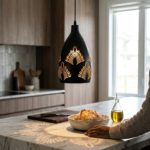 Matte Black Teardrop Metal Pendant Light with Laser-Cut Botanical Fan Motifs - Image 2