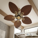 Antique Brass Ceiling Fan with 5 Leaf-Shaped Wooden Blades - Image 2