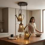 Vintage Distressed Brass Watering Can 3-Light Cluster Pendant Chandelier - Image 2