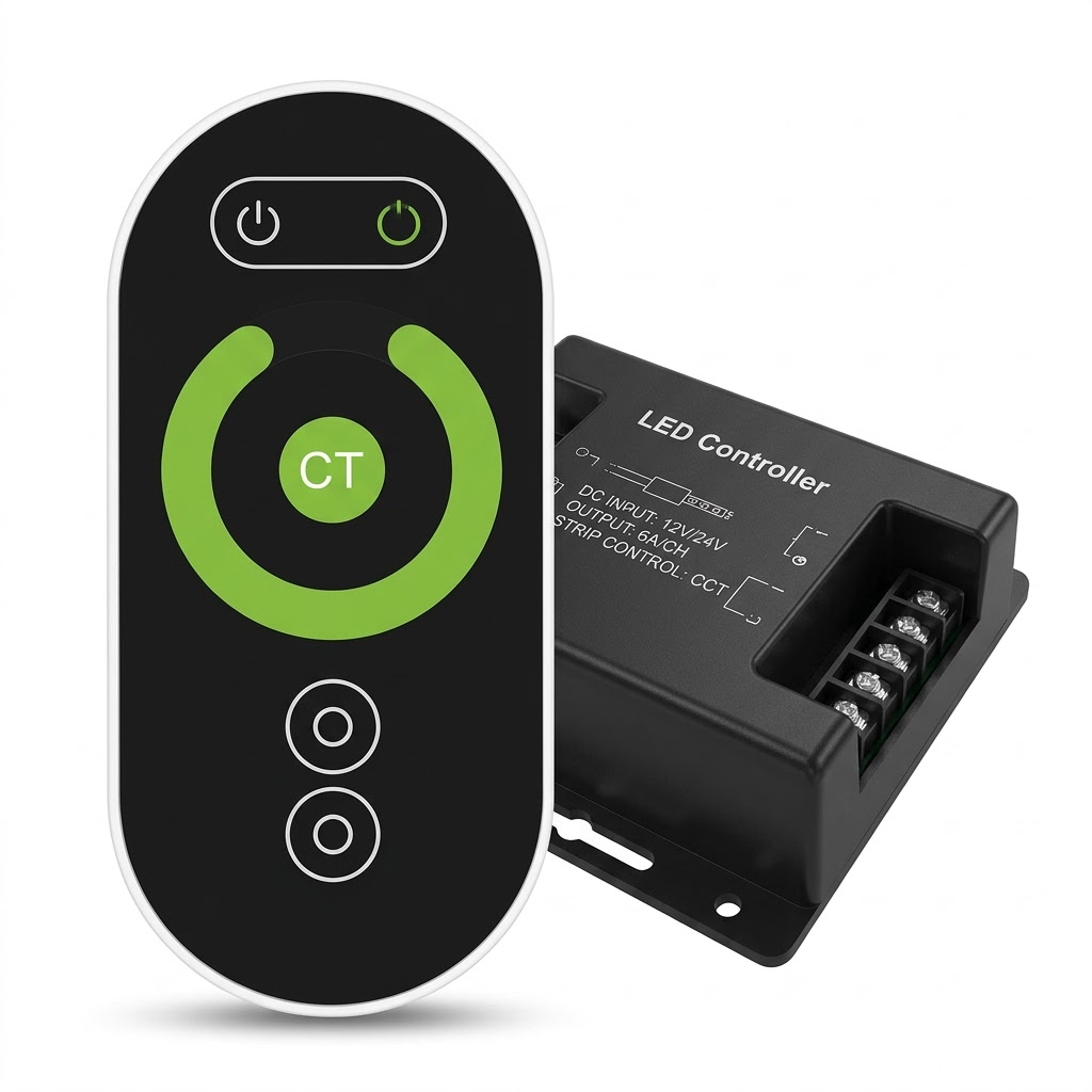 pomelli_photoshoot-1_16 RGB Multi-Color LED Strip RF Touch Wheel Remote & Controller – DC 12V/24V (3x6A Output) - Image 1